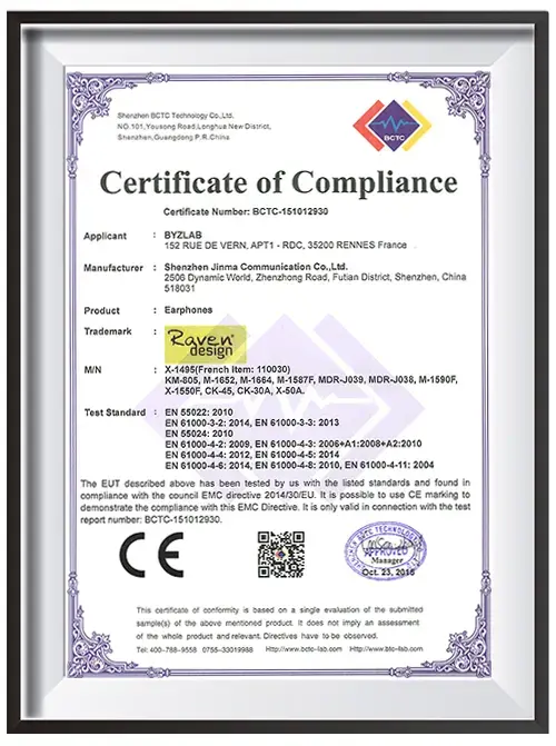 CE certificate for zest earphone
